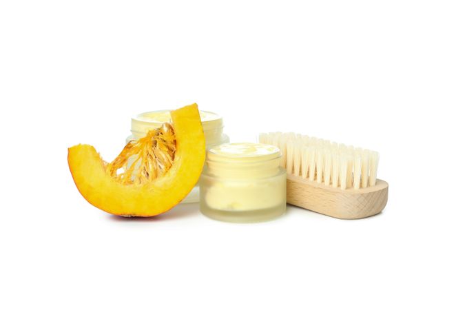 Concept of different cosmetic products, Pumpkin cosmetics, isolated on blank background
