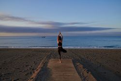 Unrecognizable woman doing tree pose near sea