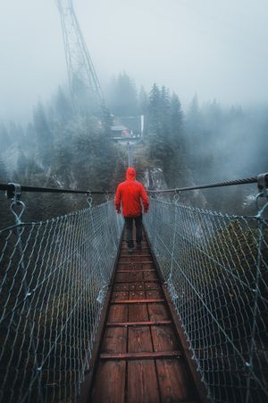 Man in red hoodie walking on suspension bridge between trees