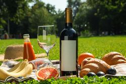 Bottle of wine, croissants, fruits, straw hat and towel on grass, space for text