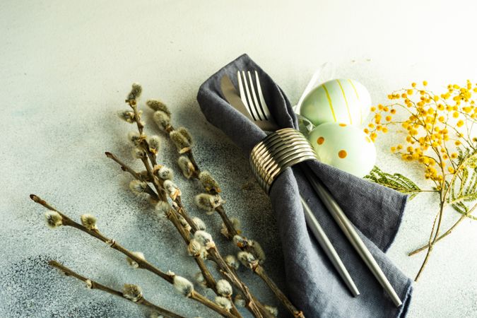 Easter holiday concept with pussy willow surrounding napkin with decorative eggs