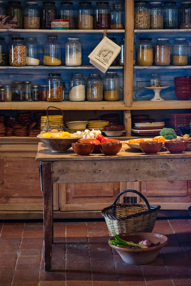 Old village cellar with spices, vegetables and fruits