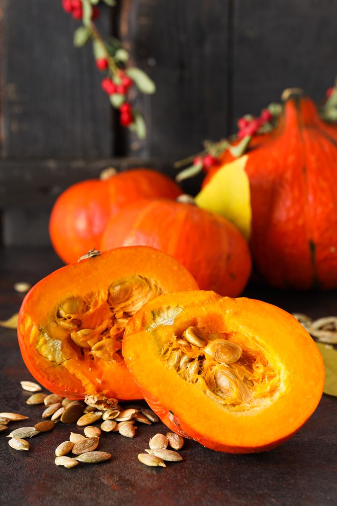 Cooking ingredients for fall season - pumpkin seeds, pumpkin
