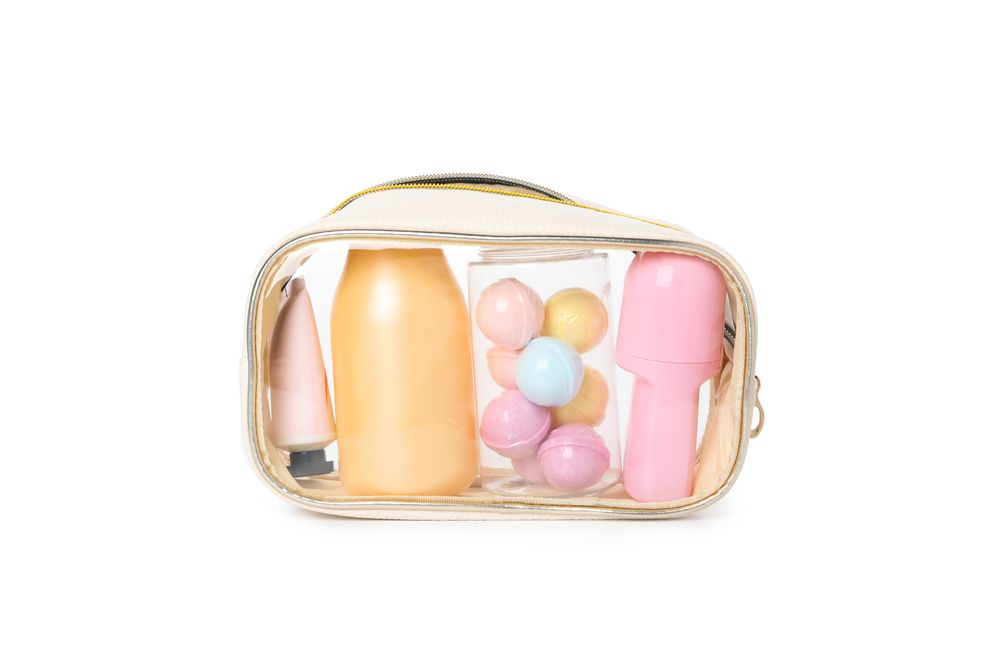 Bath accessories, toilet bag, isolated on plain background