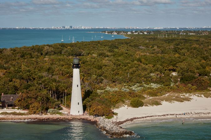 Cape Florida Lighthouse among dense tropical vegetation