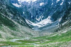Valley nestled in mountains in Pakistan