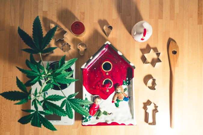 Christmas baking decorations with a marijuana plant
