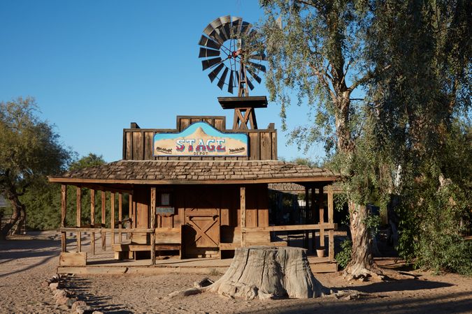 Vintage Wild West Stage Depot building with windmill in Arizona