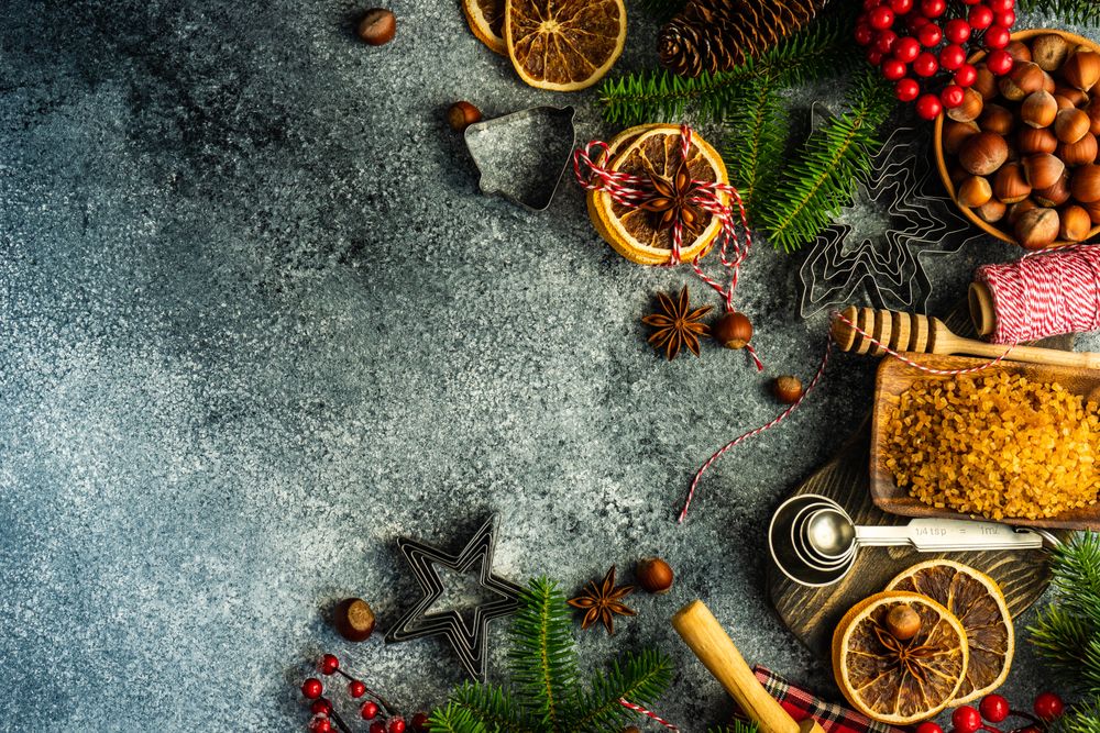 Top view of warm Christmas spices for mulled wine on counter with copy space