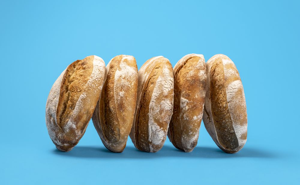 Homemade sourdough bread loaves on a blue background