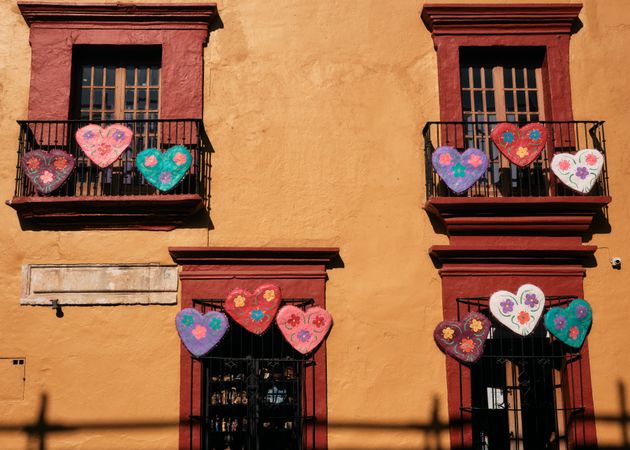 Painted heart decorating window balconies in Oaxaca