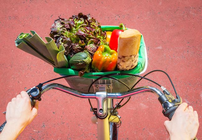 Closeup of woman winth groceries in a basket bike