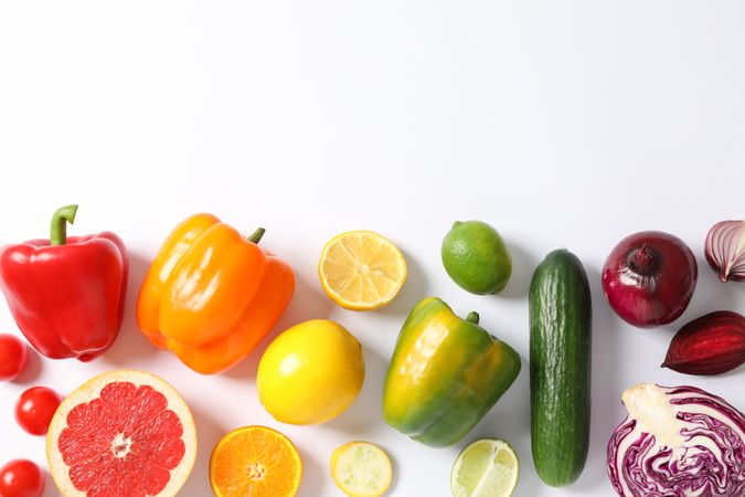 Flat lay with vegetables and fruits on blank background, copy space