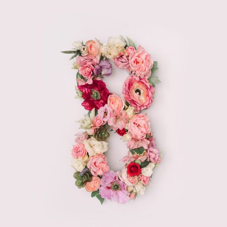 Number 8 made of real natural flowers and leaves