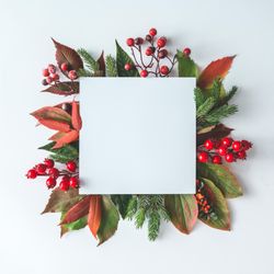 Winter leaves and berries with paper card