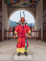 Busan, South Korea - August, 05 2017: Korean warrior near archway
