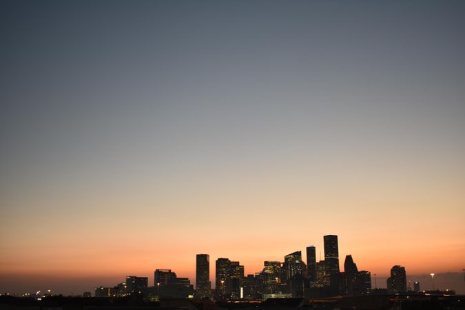 City skyline at sunset in Houston, Texas, United States