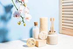 Set of personal care products, concept of zero waste lifestyle, bathroom accessories