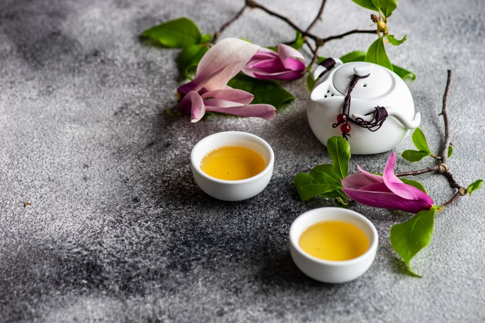 Magnolia flowers with green tea and teapot