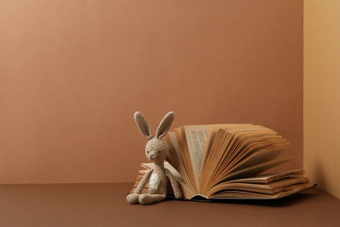 A children's book with toys on a beige background.