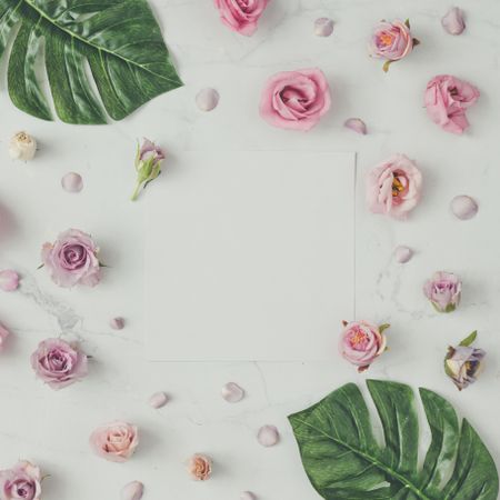 Pink flowers and leaves on marble background with paper card