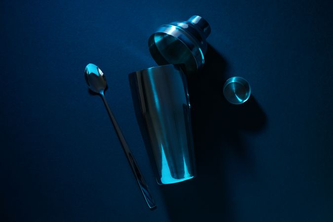 Concept of preparing cocktail, shaker, top view