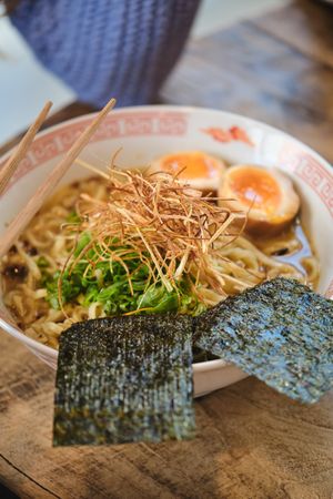 Delicious Asian noodles with chopsticks