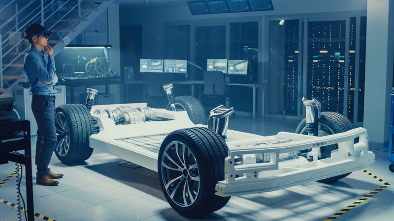 In Innovation Laboratory Facility Concept Vehicle Frame Includes Wheels, Suspension, Engine and Battery.