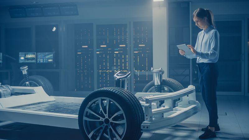 Automobile Engineer Working on Electric Car Chassis Platform, Using Tablet Computer Augmented Reality with 3D CAD Software Modelling.