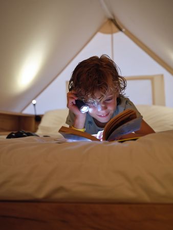 Curious boy reading book on mansard