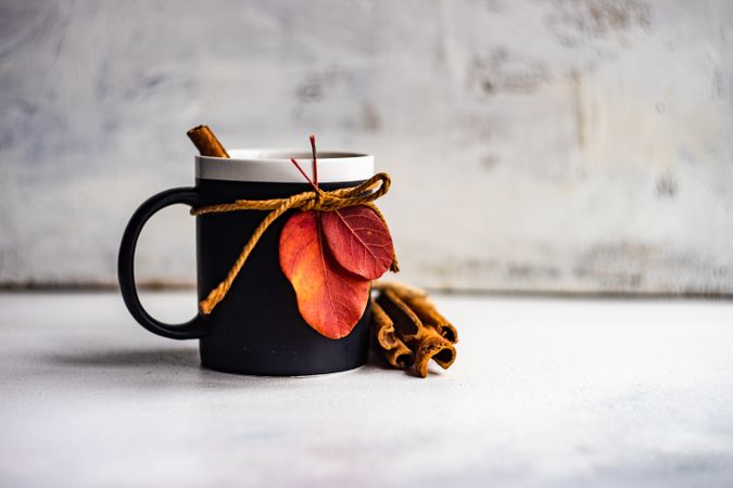 Mug with cinnamon sticks decorated with autumn leaves