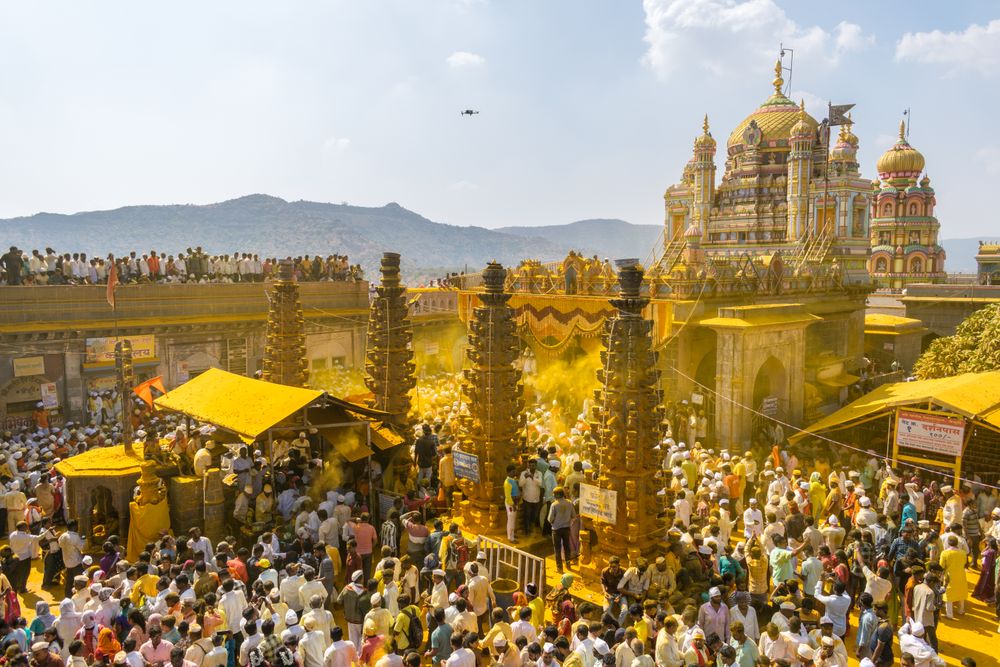 Jejuri, Maharashtra, India - Dec 30, 2024: Palkhi of Lord Khandoba at the famous and beautiful Khandoba temple at Jejuri during the festival of Somvati Amavasya