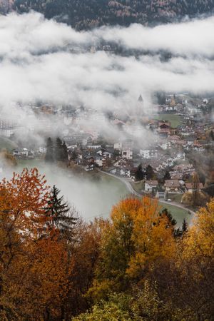 Scene of beautiful village on cloudy autumn morning
