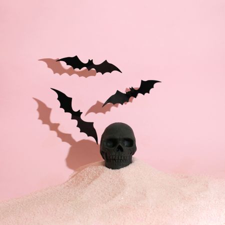 Skull on pink sand with bats