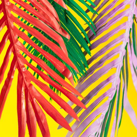 Painted tropical and palm leaves in vibrant bold colors on yellow background