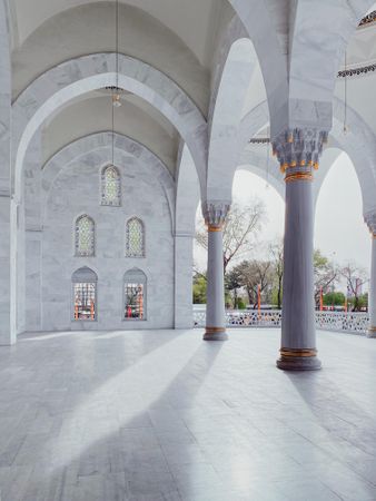View out the front of a marble mosque