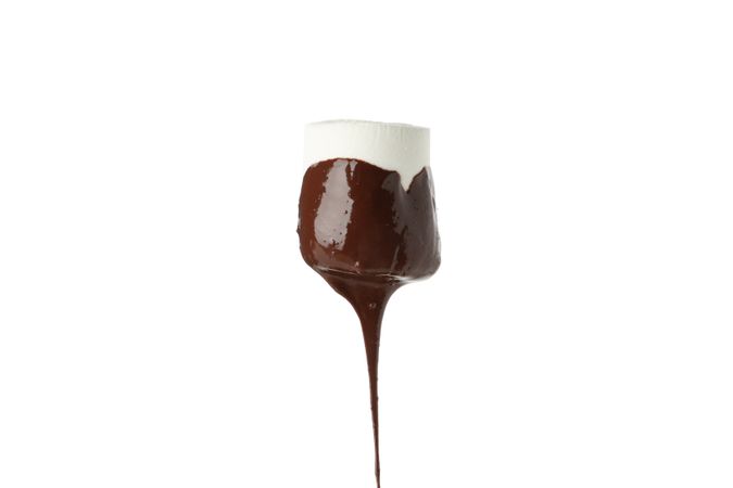 Marshmallow in chocolate sauce isolated on blank background