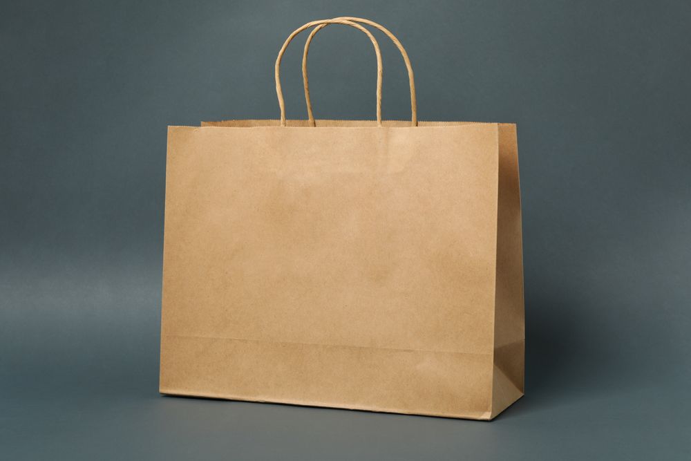 Empty paper bag on dark background, space for text