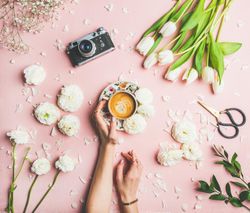 Coffee, camera, tulips artfully arranged on pink background, with hands on coffee cup