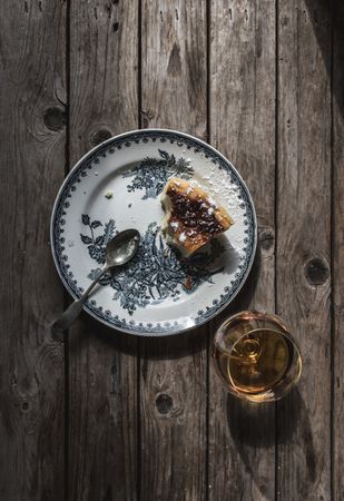 Cottage cheese pudding and glass of cognac