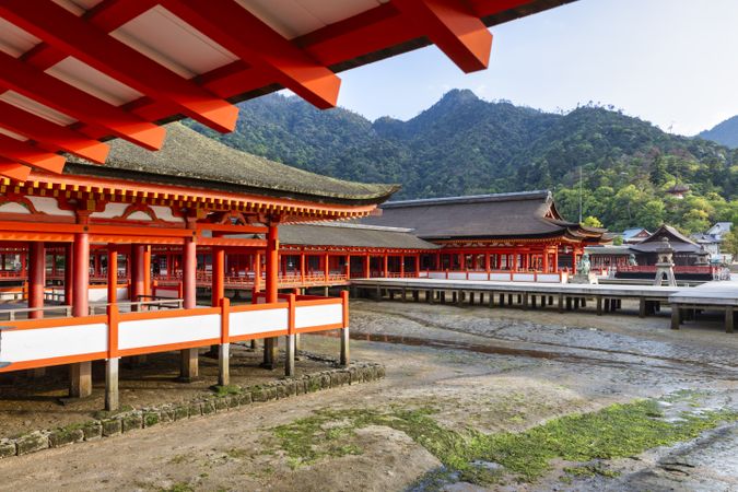 Exterior view of Itsukushima Shrine at Miyajima, Japan