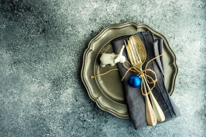 Top view of tasteful Christmas table setting