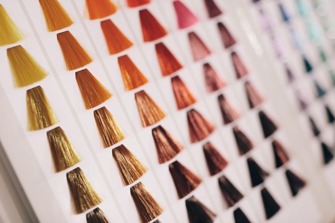 Closeup of hair samples with different color shades on card