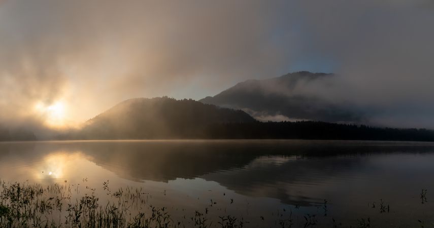 Sunrise on a foggy morning at Lake Sylvenstein in Bavaria, Germany