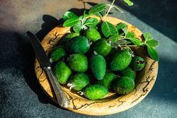 Plate full of organic fruit feijoa