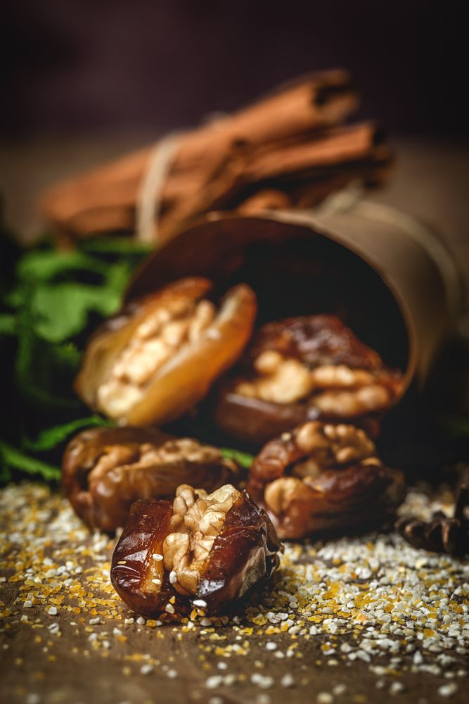 Dates fruits with walnuts, mint and cinnamon for Ramadan