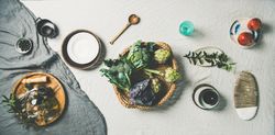 Flat-lay of spring table setting, horizontal