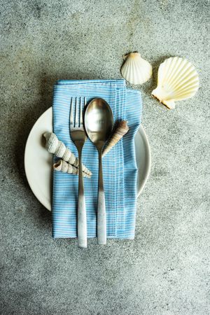 Sea shells on table setting with blue napkin, top view