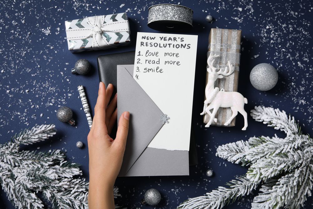 Concept of New Year Resolutions list, new year goals, top view