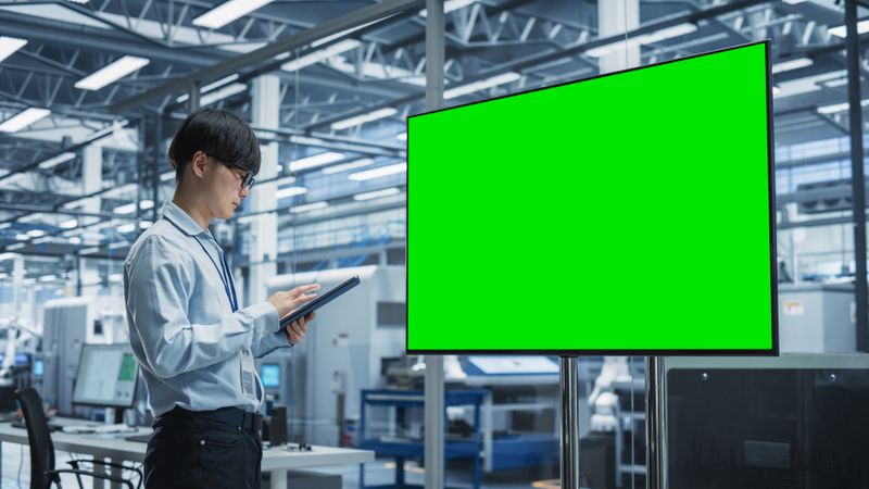 Asian man presenting from screen, mockup